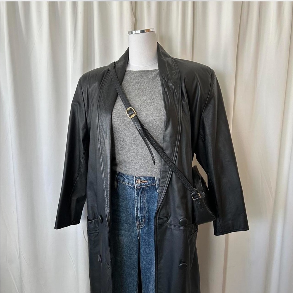 Vintage Pelle Club black long leather trench coat size Medium. - Picture 3 of 12